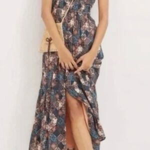 Anthropology Tile-Print Maxi Dress in Blue and Brown